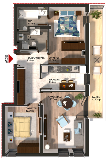 Apartament 2 Camere Parter 66.4 mp Tronson 1