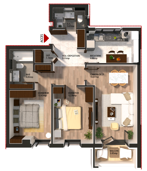 Apartament 2 Camere Parter 66.4 mp Tronson 1